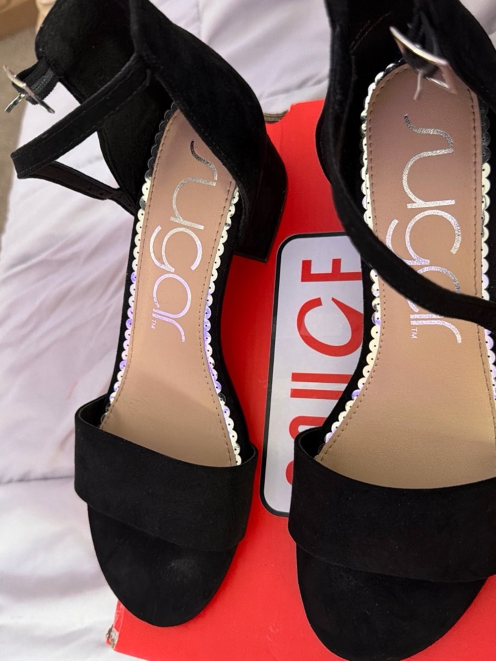 Sugar Black Suede Open-Toe Ankle Strap Block Heels